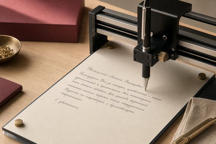 Перьевой плоттер пишет деловое письмо настоящей ручкой на бумаге